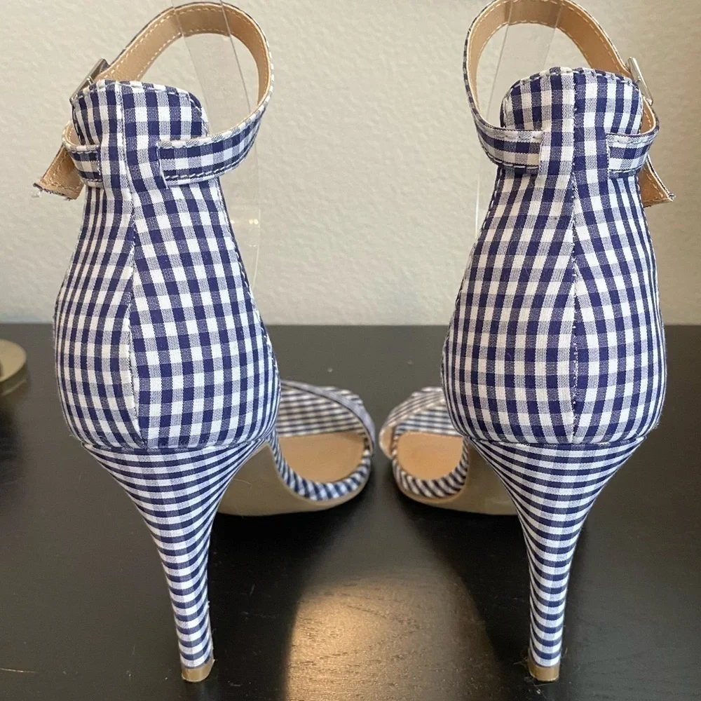 Material Girl Gingham Checkered Plaid Heels Size 9 Navy Blue White Coquette